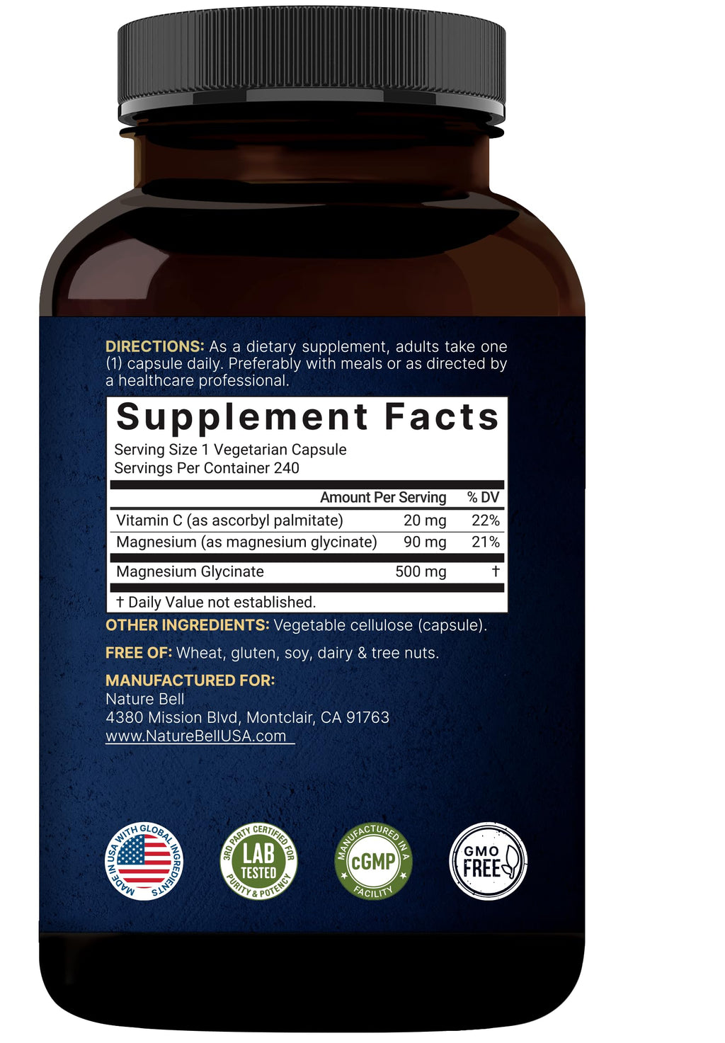 NatureBell Pure Magnesium Glycinate 500mg - 480 Capsules - image 5