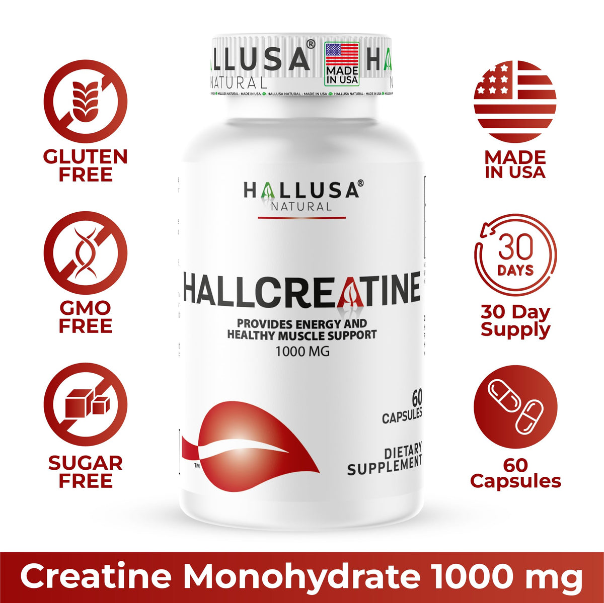 Hallusa Natural Creatine Monohydrate 1000 mg - 60 Capsules - image 2