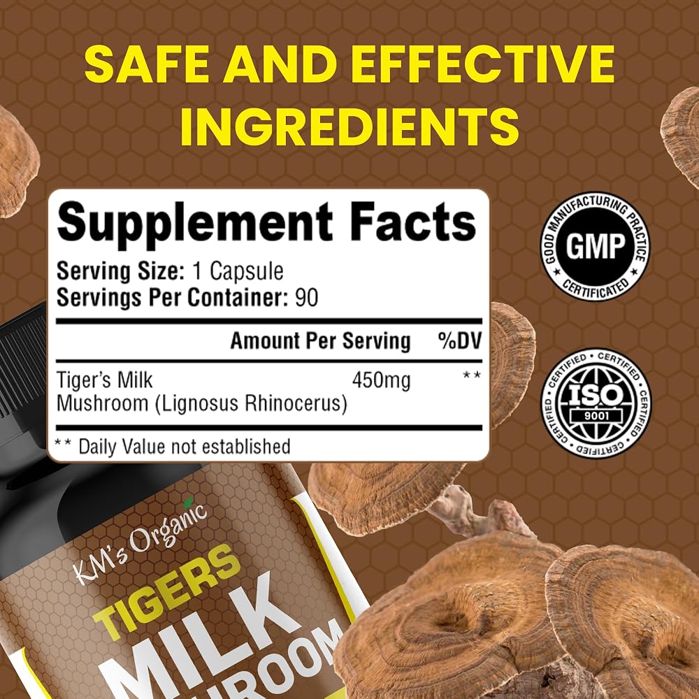 KM's Organic Tiger's Milk Mushroom 10:1 Extract - 90 Vegan Capsules - image 3