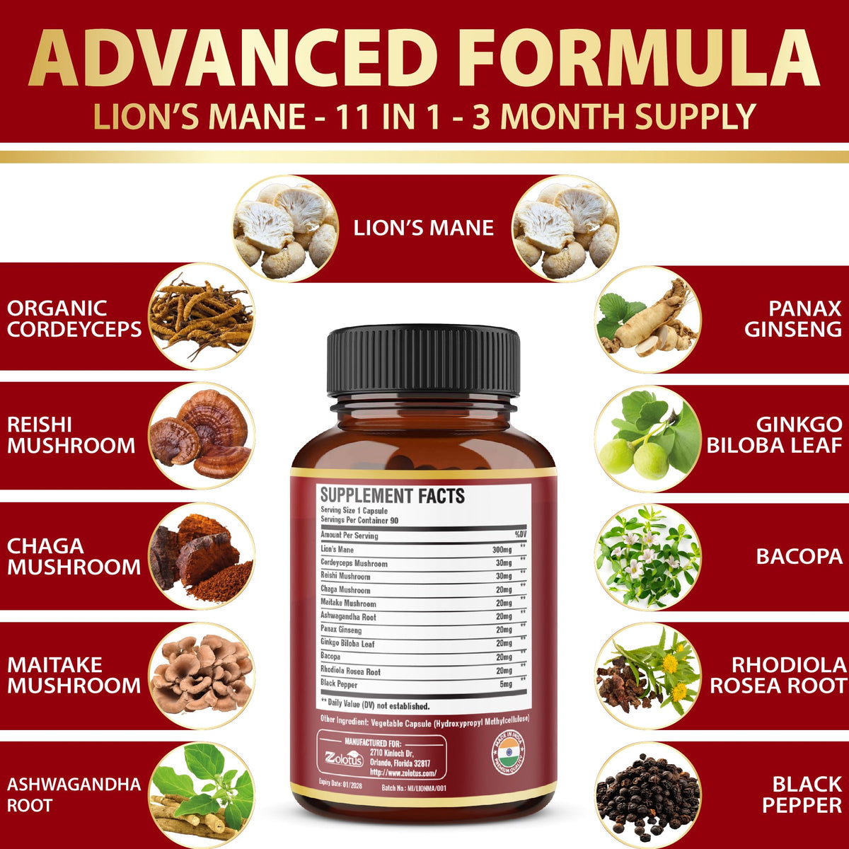 Zolotus Lions Mane Mushroom 11-in-1 Capsules - 90 Capsules - image 4