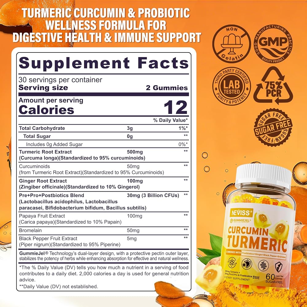 NEVISS Sugar Free Turmeric Curcumin Filled Gummies 550mg for Adults