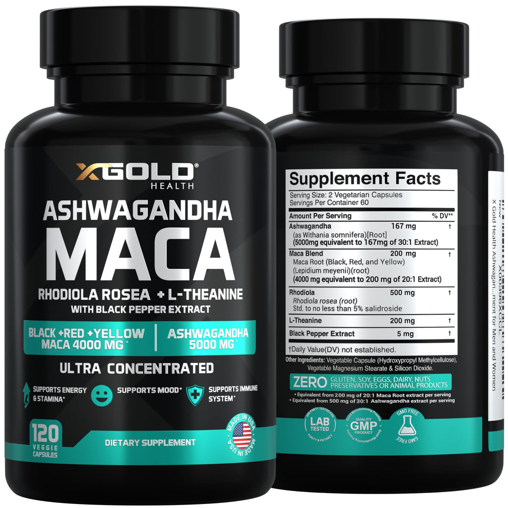 X Gold Ashwagandha, Maca Root, Rhodiola & L-Theanine - 120 Capsules - image 2