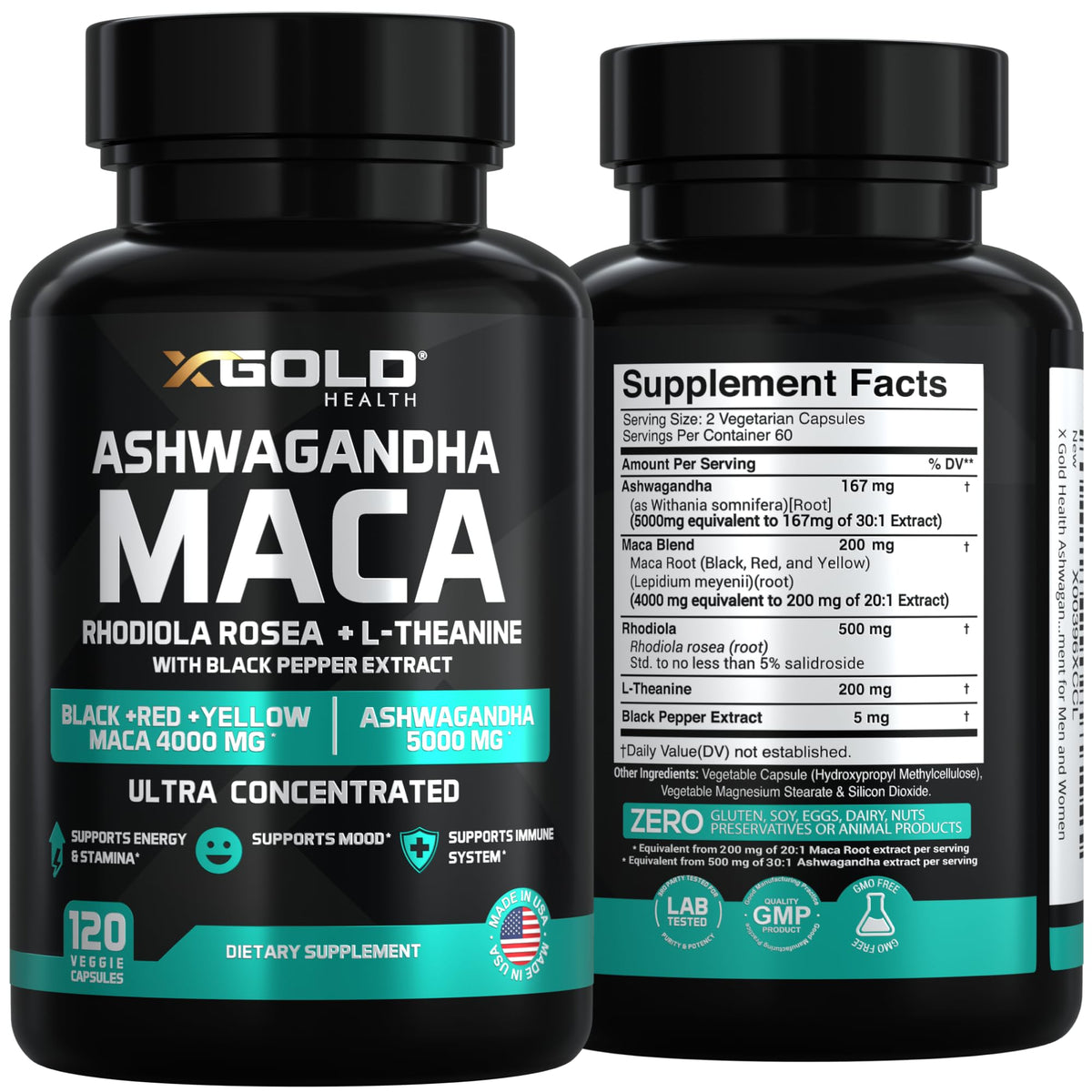 X Gold Ashwagandha, Maca Root, Rhodiola & L-Theanine - 120 Capsules - image 2
