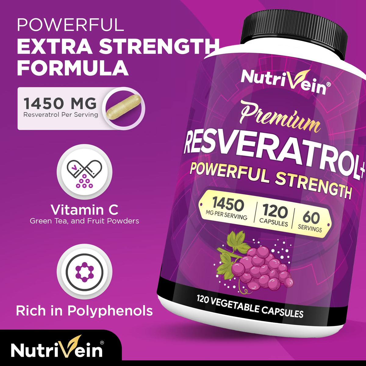 Nutrivein Premium Pure Resveratrol Supplement 1450mg - 120 Capsules - image 3