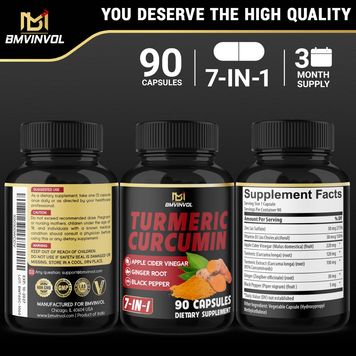 BMVINVOL Turmeric Curcumin 95% with Ginger & Black Pepper - 90 Capsules - image 7