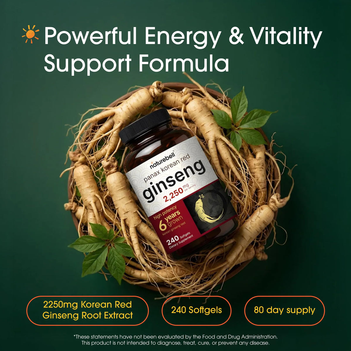 NatureBell Panax Korean Red Ginseng 2,250mg - 240 Softgels - image 2
