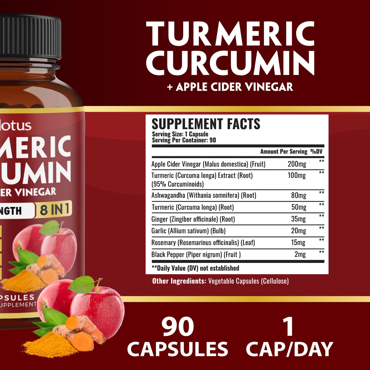 Zolotus Turmeric Curcumin with Apple Cider Vinegar Capsules - 90 Count - image 2