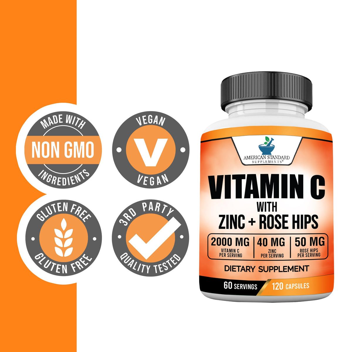American Standard Supplements Vitamin C 2000mg with Zinc - 120 Capsules - image 4