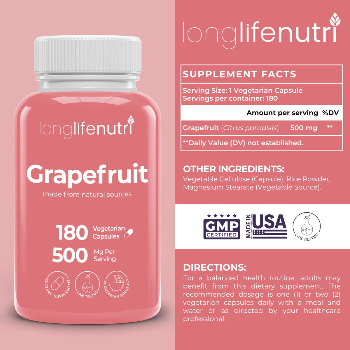 LongLifeNutri Grapefruit Seed Extract 500mg - 180 Vegetarian Capsules - image 2