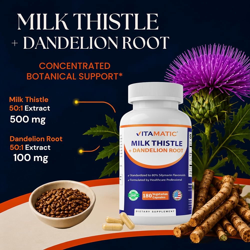Vitamatic Milk Thistle with Dandelion Root Extract - 180 Capsules - image 6