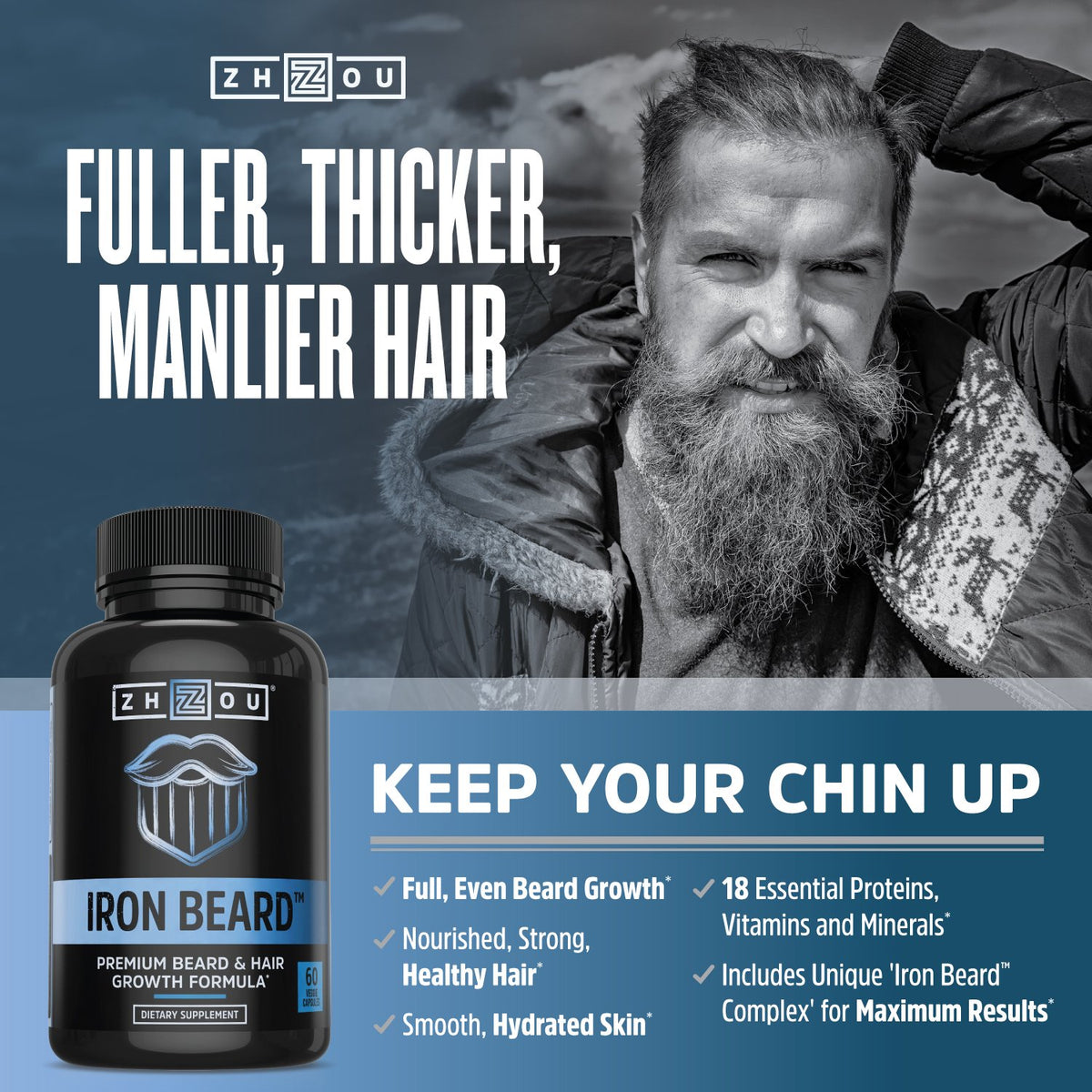 ZHOU Iron Beard Growth Vitamins for Men - 60 Vegetarian Capsules - image 2