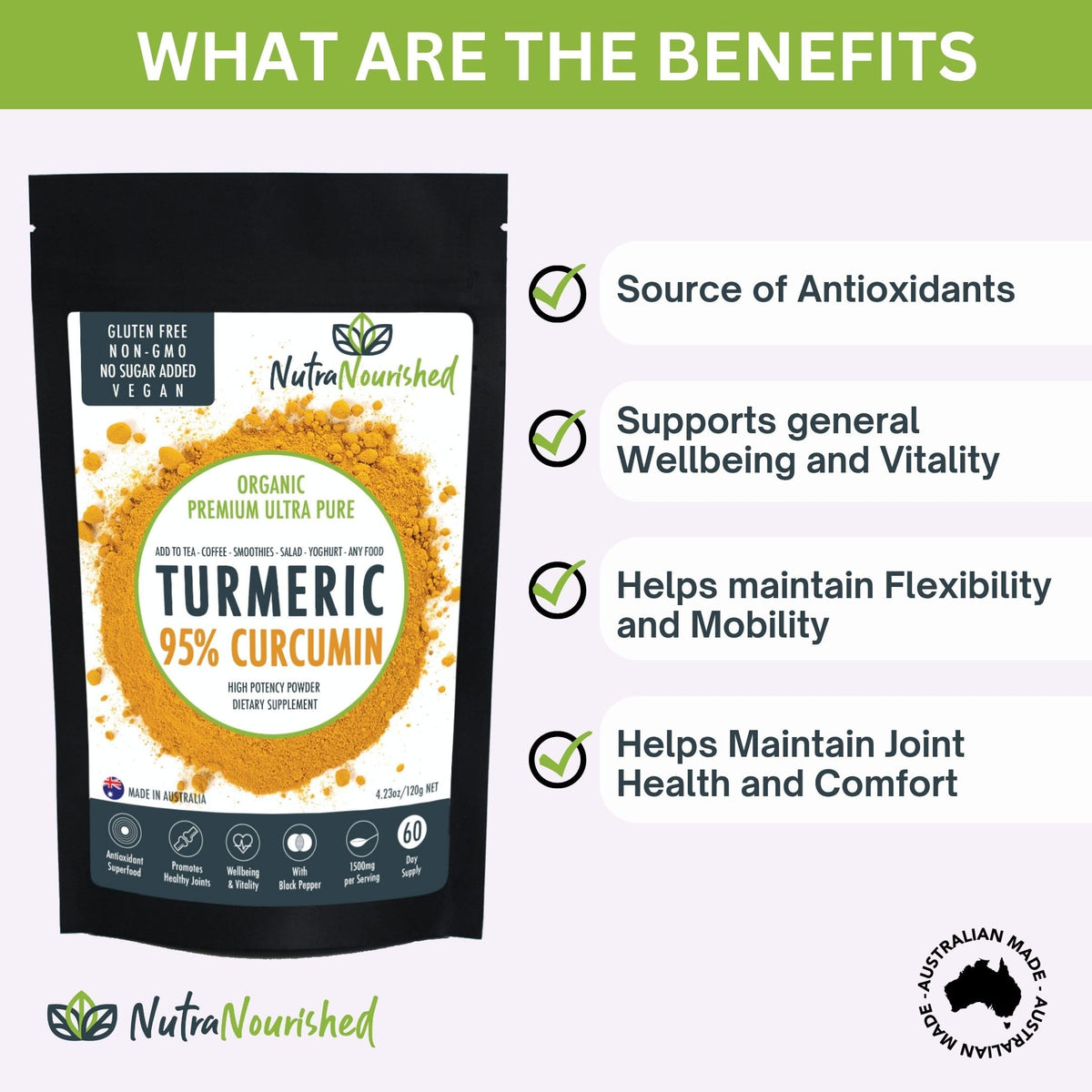 Nutra Nourished Organic Turmeric Curcumin Powder 1500mg - 120g - image 2