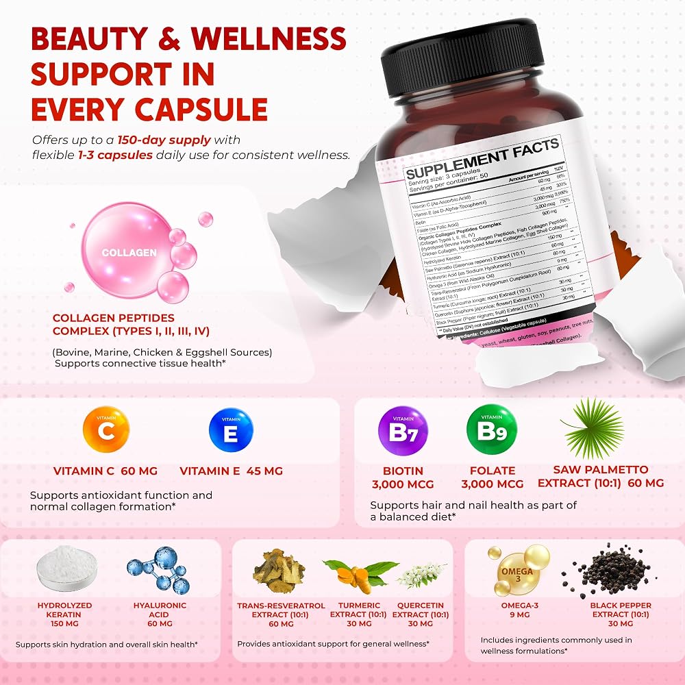 PEAKPURY Collagen 1440mg with Biotin & Keratin for Hair & Skin - 150 Capsules - image 4