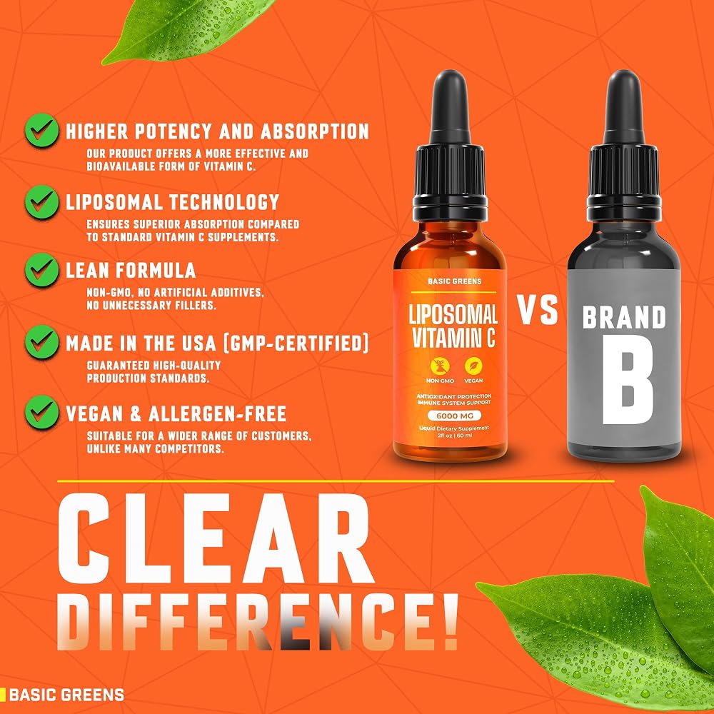 BASIC GREENS Vitamin C Liposomal Liquid 6000mg for Immune Support