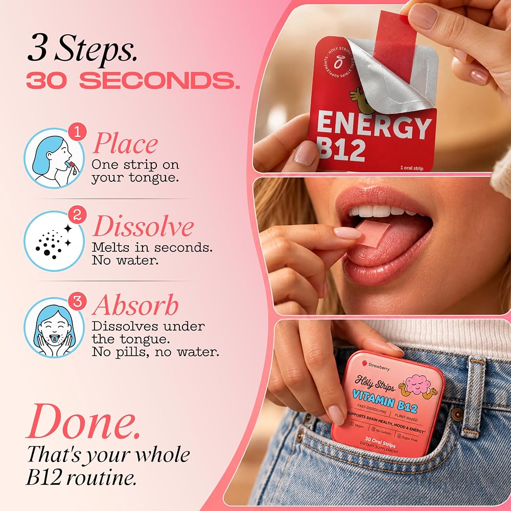 HOLY STRIPS Vitamin B12 Oral Strips Strawberry - 30 Count - image 4