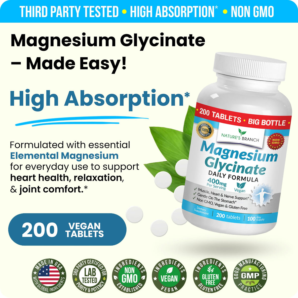 Nature's Branch Magnesium Glycinate 400mg for Sleep & Heart - 200 Tablets - image 4