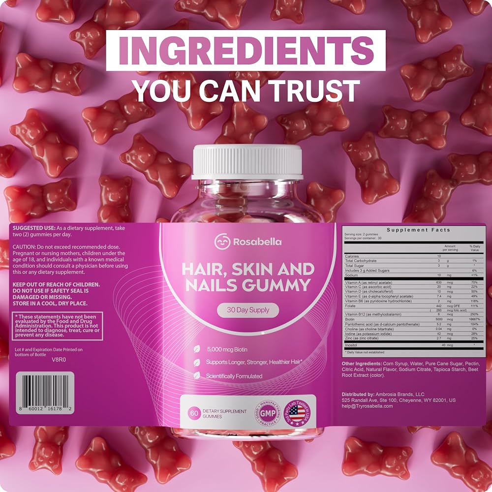 Rosabella® Hair Growth Vitamin Gummies [60 Gummies] Biotin for Faster