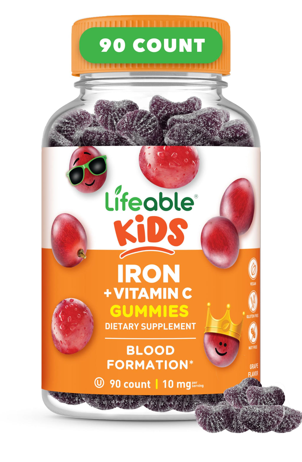 Lifeable Iron Supplements for Kids 10mg + Vitamin C - 90 Gummies