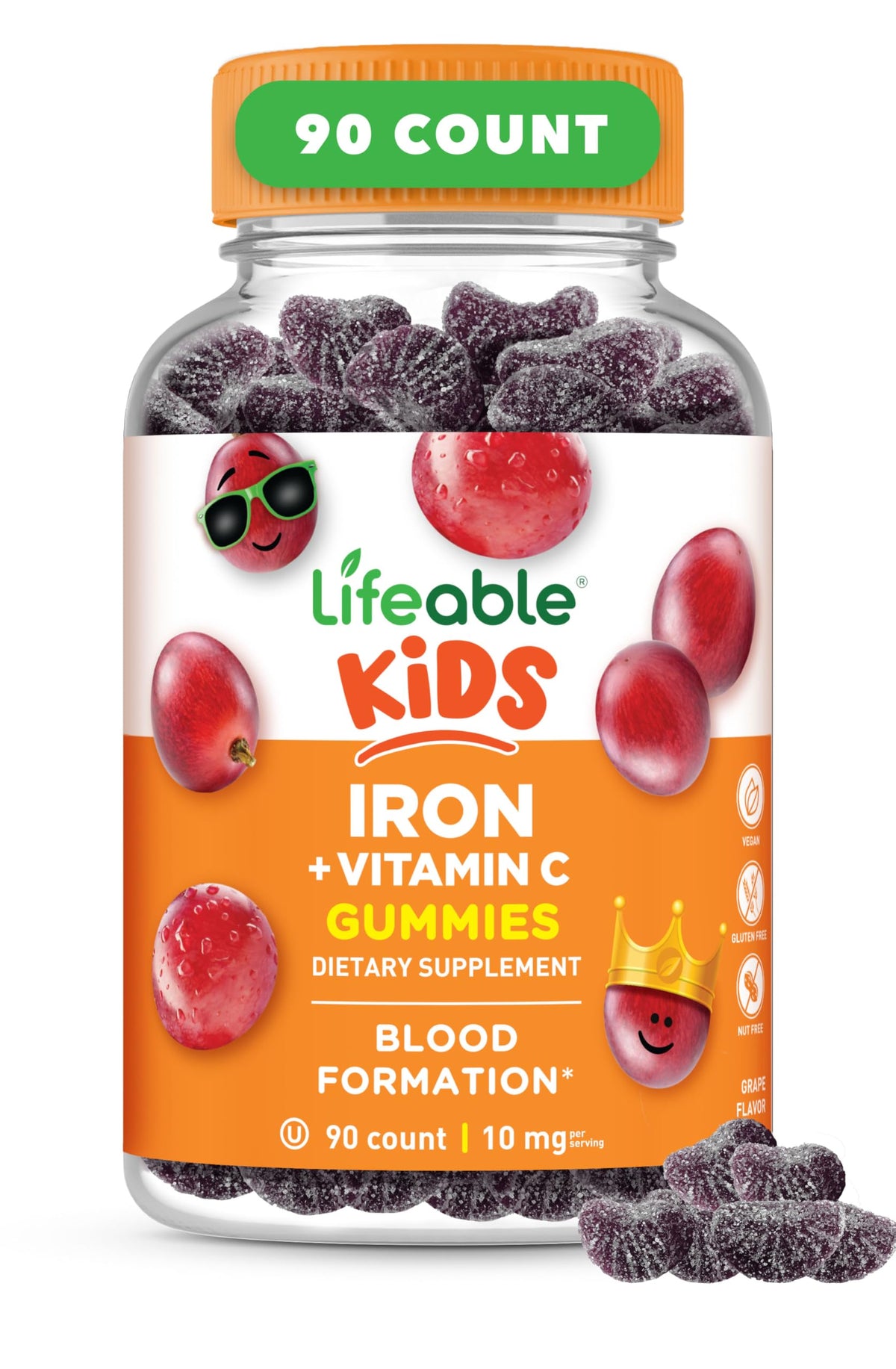 Lifeable Iron Supplements for Kids 10mg + Vitamin C - 90 Gummies