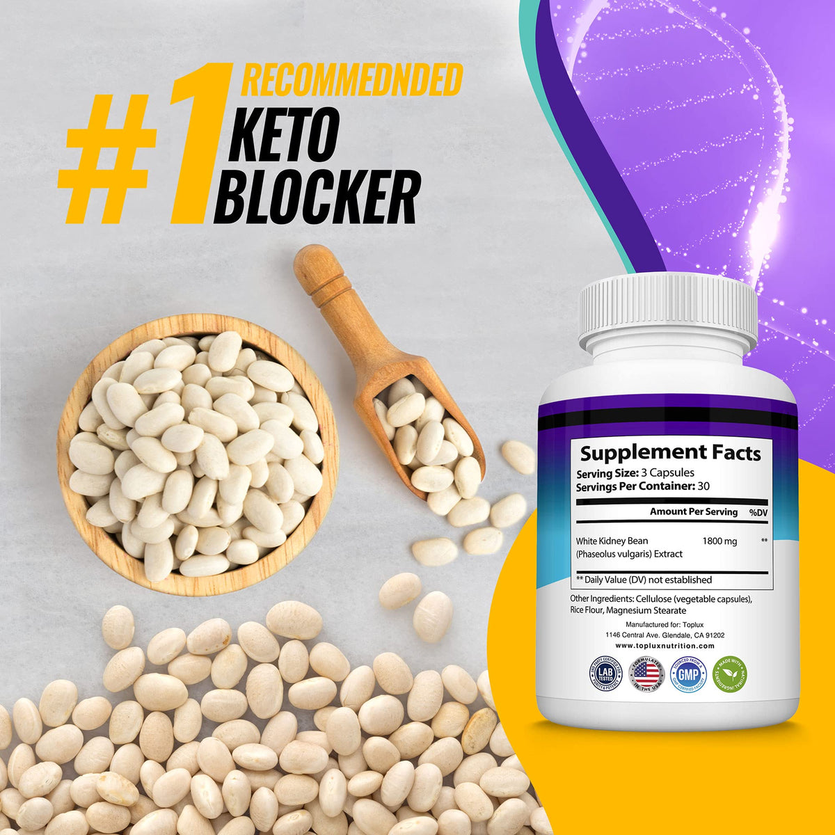Toplux Keto Blocker White Kidney Bean Extract - 90 Capsules - image 5