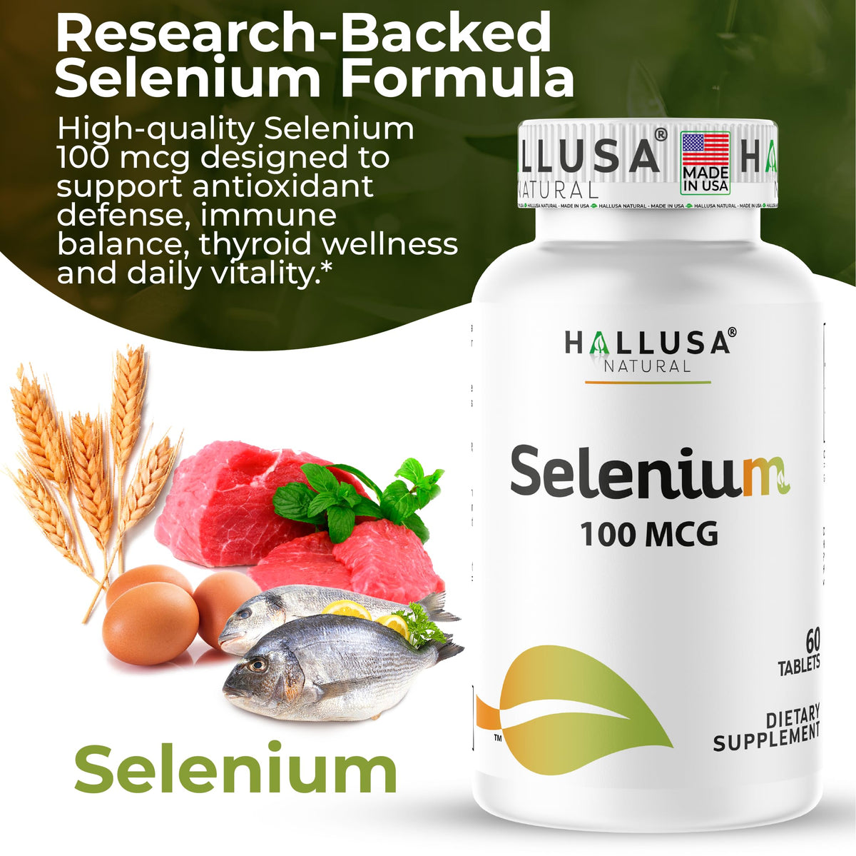 Hallusa Natural Selenium 100mcg Thyroid & Immune Support - 60 Tablets - image 4