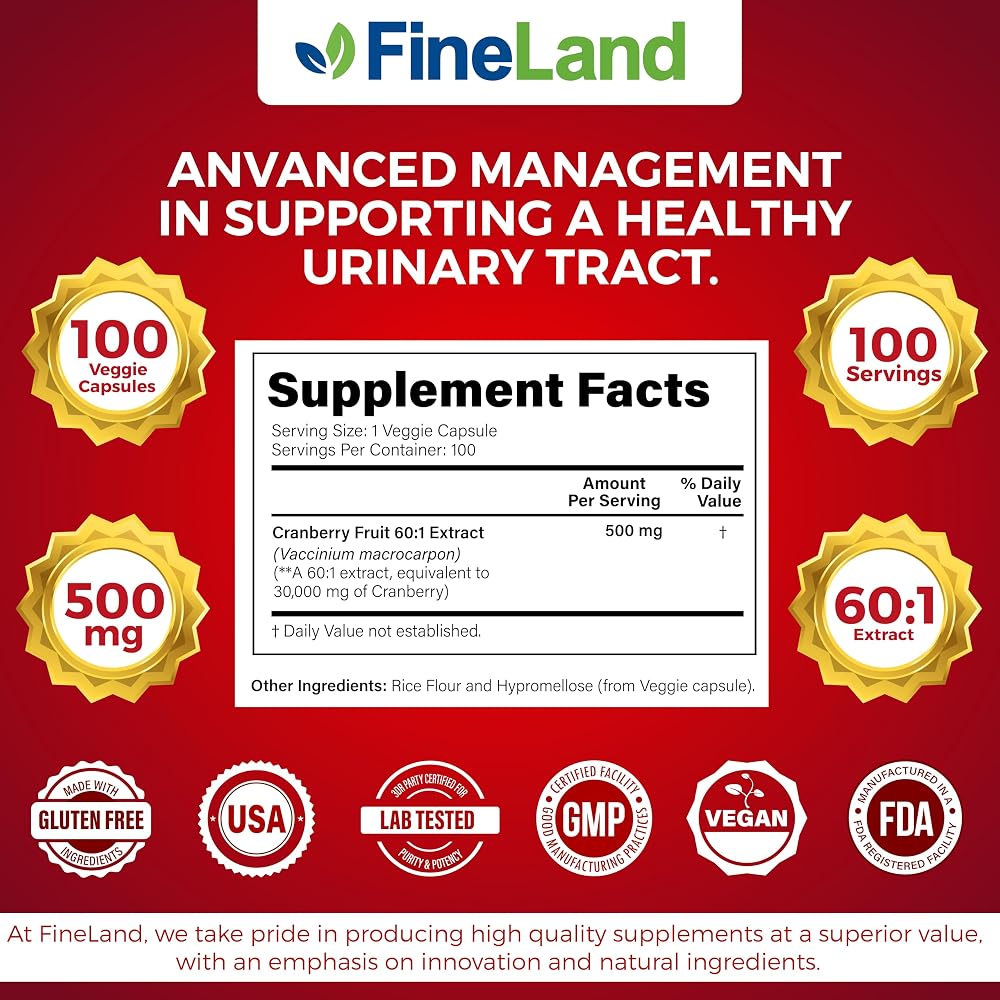 FineLand Cranberry Extract 60:1 Urinary Tract Health - 100 Capsules - image 2