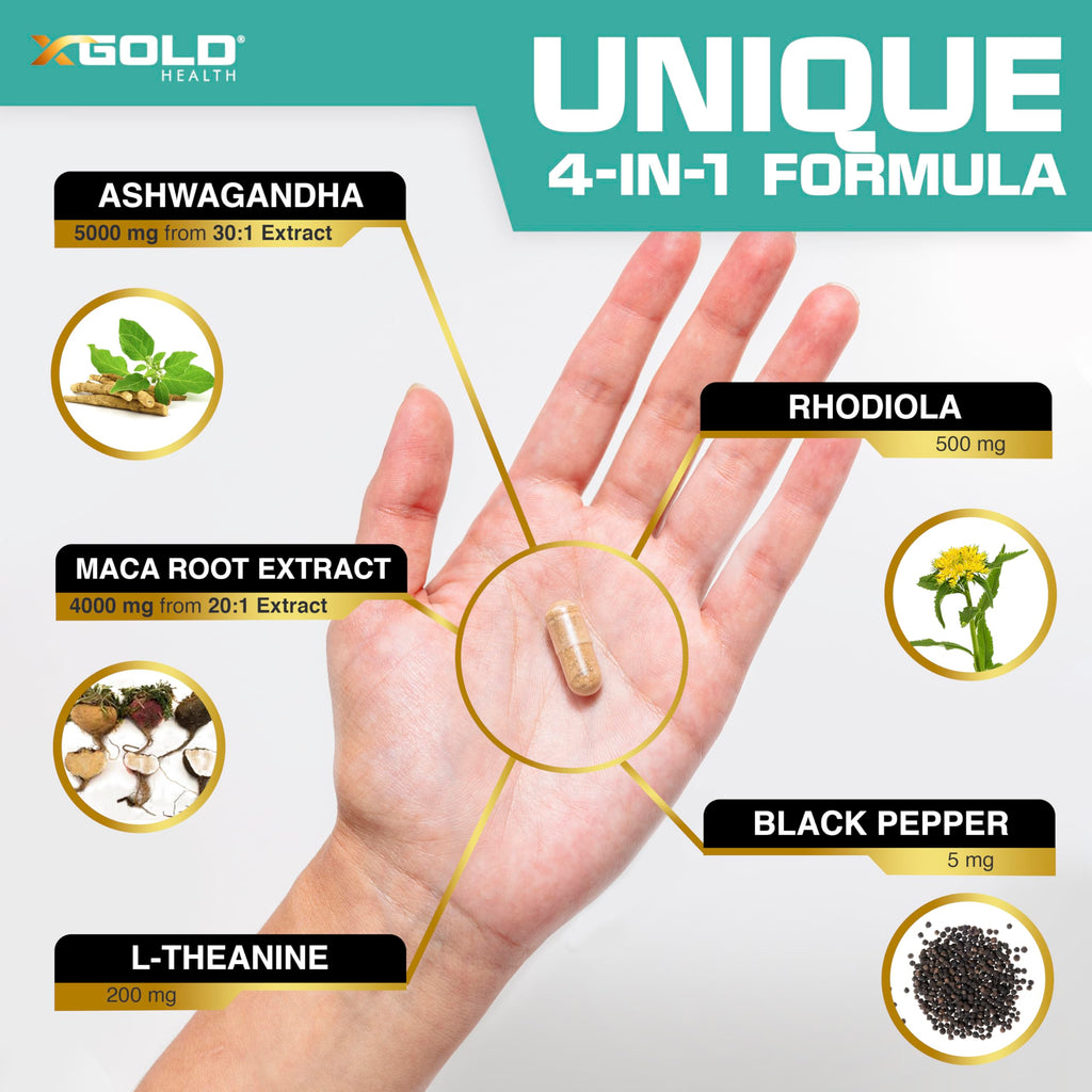 X Gold Ashwagandha, Maca Root, Rhodiola & L-Theanine - 120 Capsules - image 5