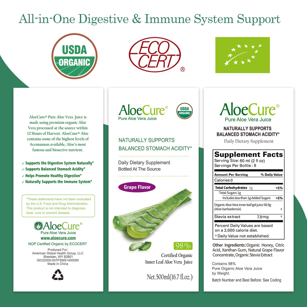 AloeCure Pure USDA Organic Aloe Vera Juice Supplement in Grape Flavor
