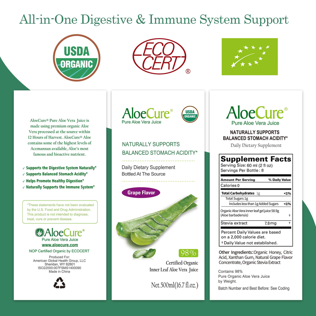 AloeCure Pure USDA Organic Aloe Vera Juice Supplement in Grape Flavor