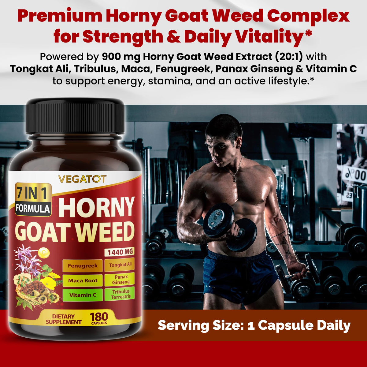 VEGATOT Horny Goat Weed 1440 mg Vitality Support - 180 Capsules - image 2