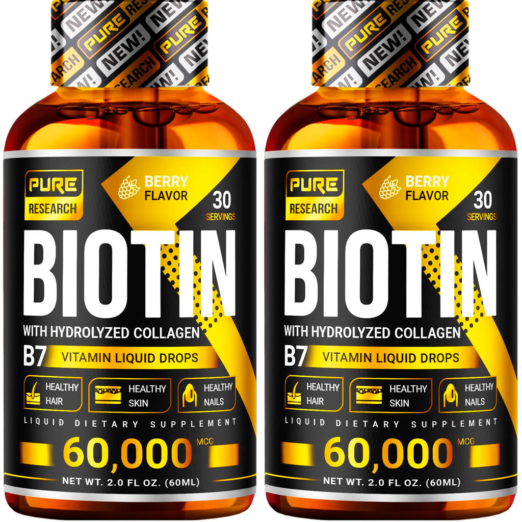 PURE RESEARCH Biotin & Collagen 60,000mcg Liquid Drops - 4 Fl Oz
