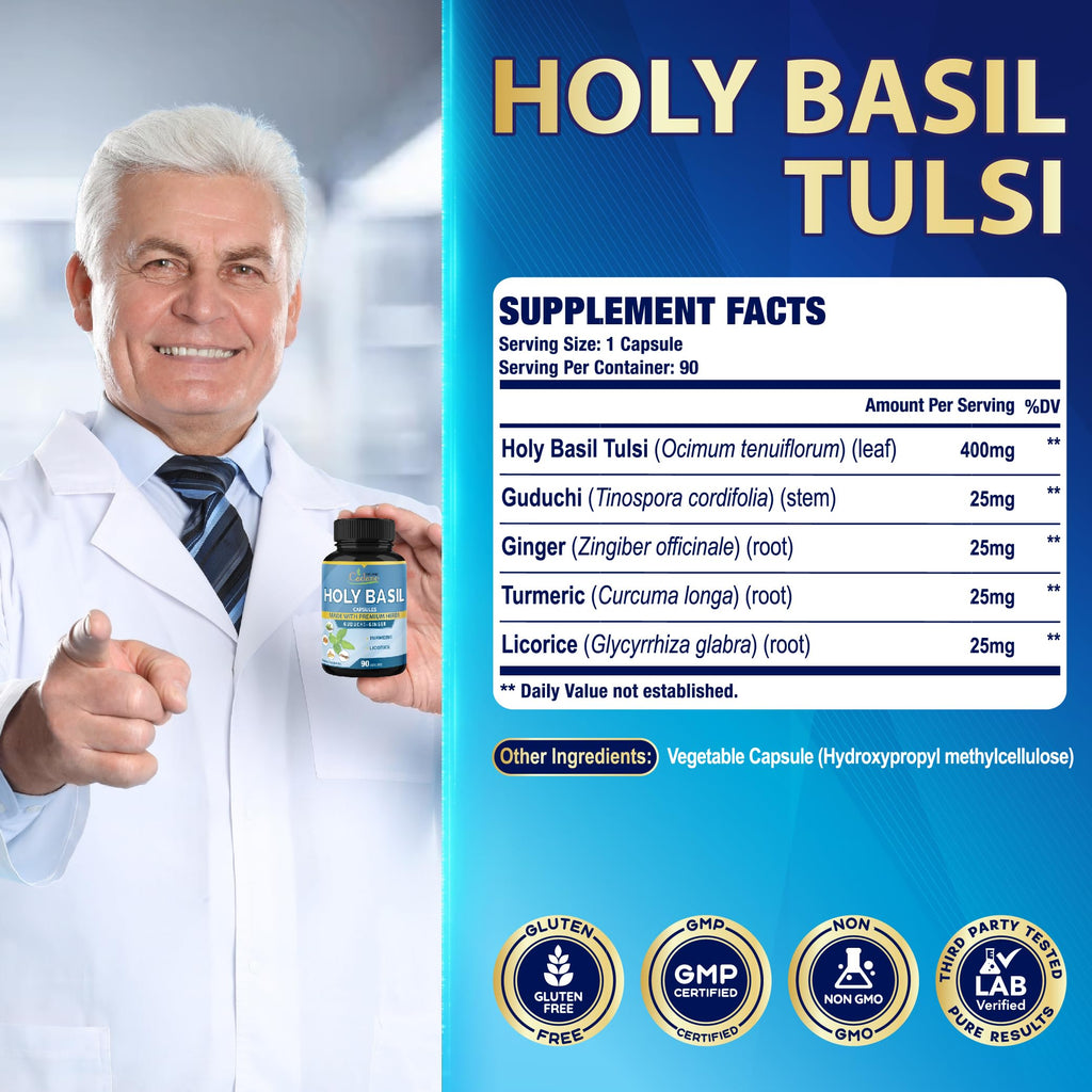 Organic Cadane Holy Basil Supplements with Turmeric & Ginger - 90 Capsules - image 3
