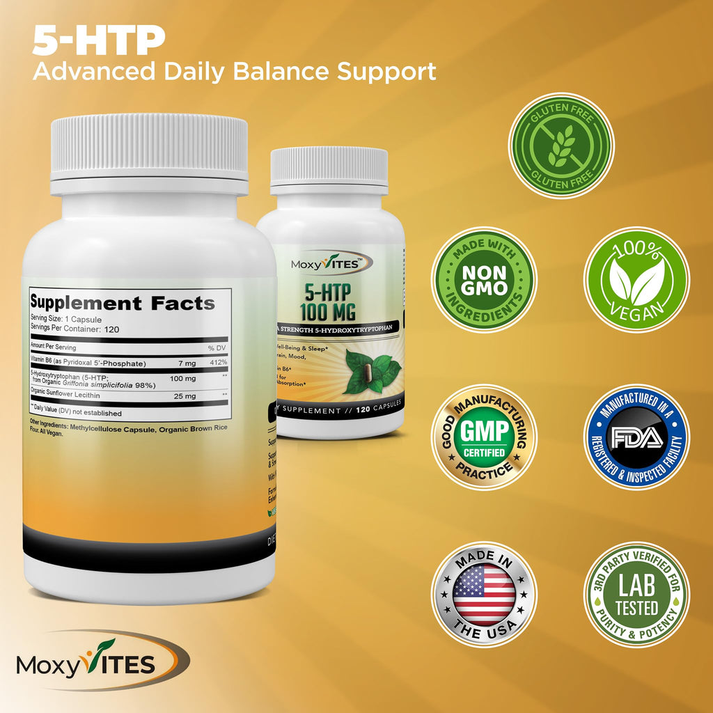 MoxyVites 5HTP 100mg Supplement with B6 - 120 Vegan Capsules - image 6