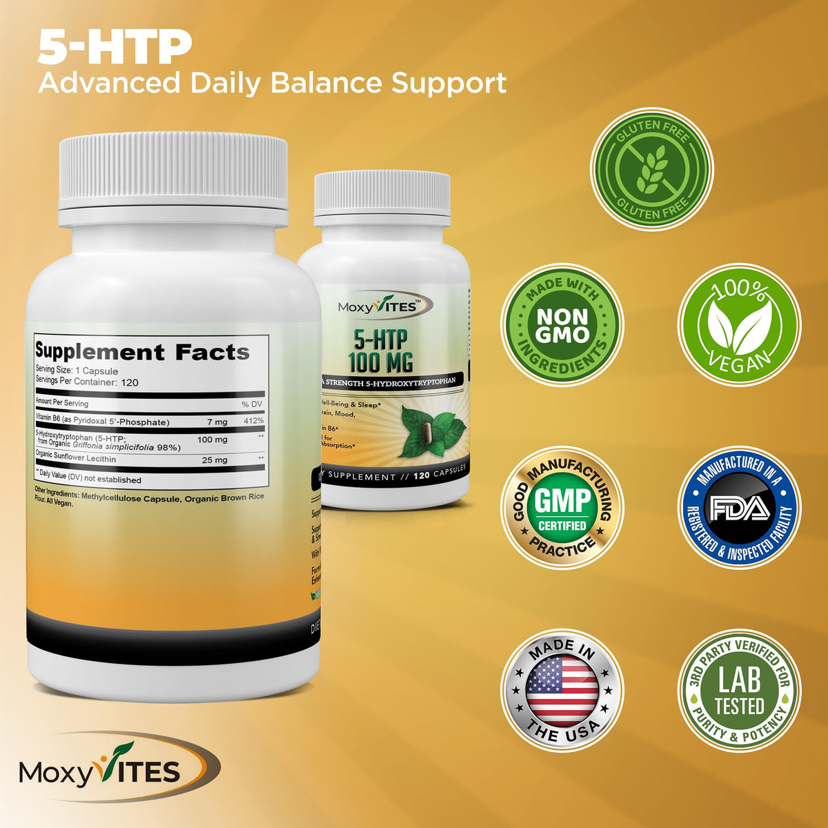 MoxyVites 5HTP 100mg Supplement with B6 - 120 Vegan Capsules - image 6