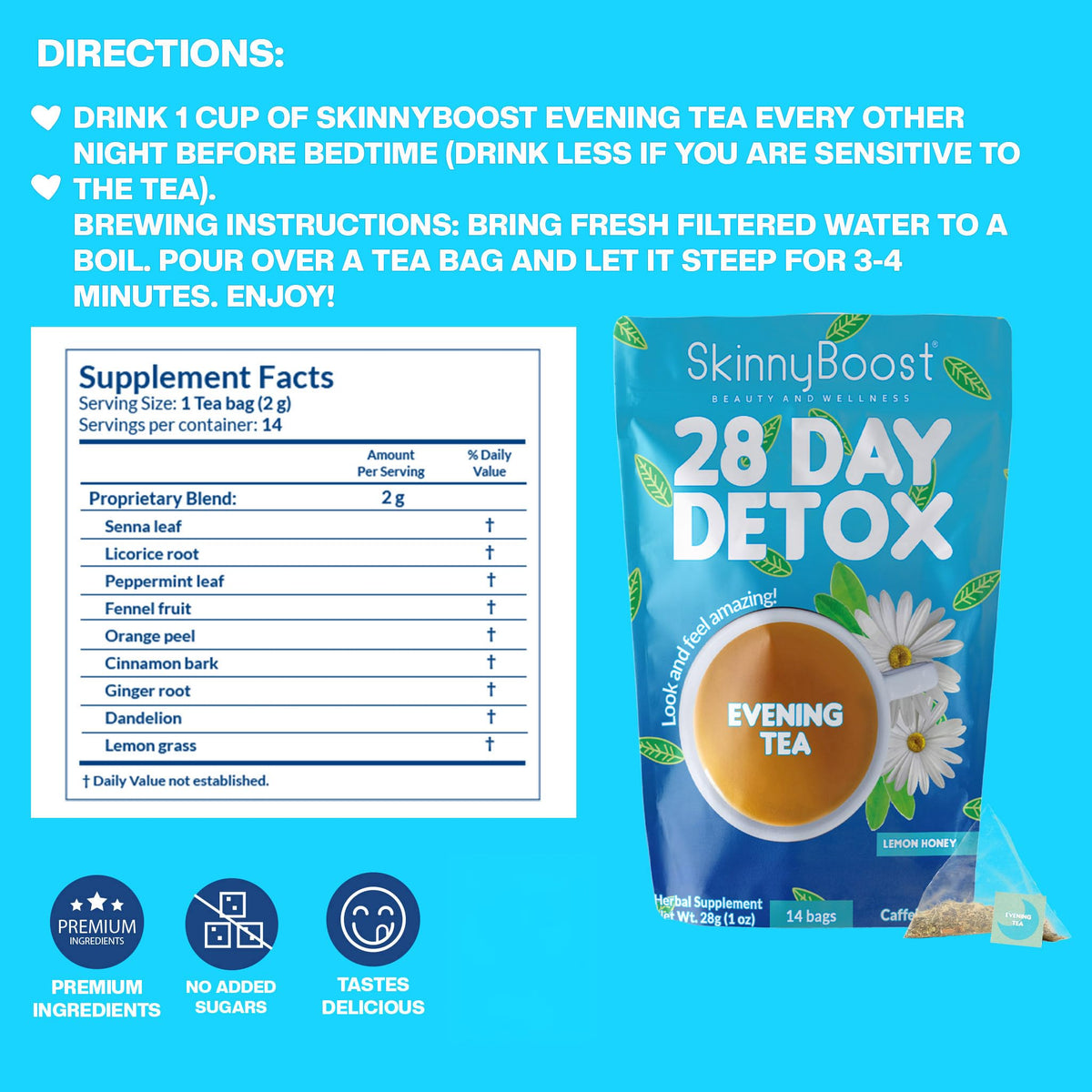 SkinnyBoost Daytime Teas, 3 Evening Detox Teas Non GMO, Vegan, All