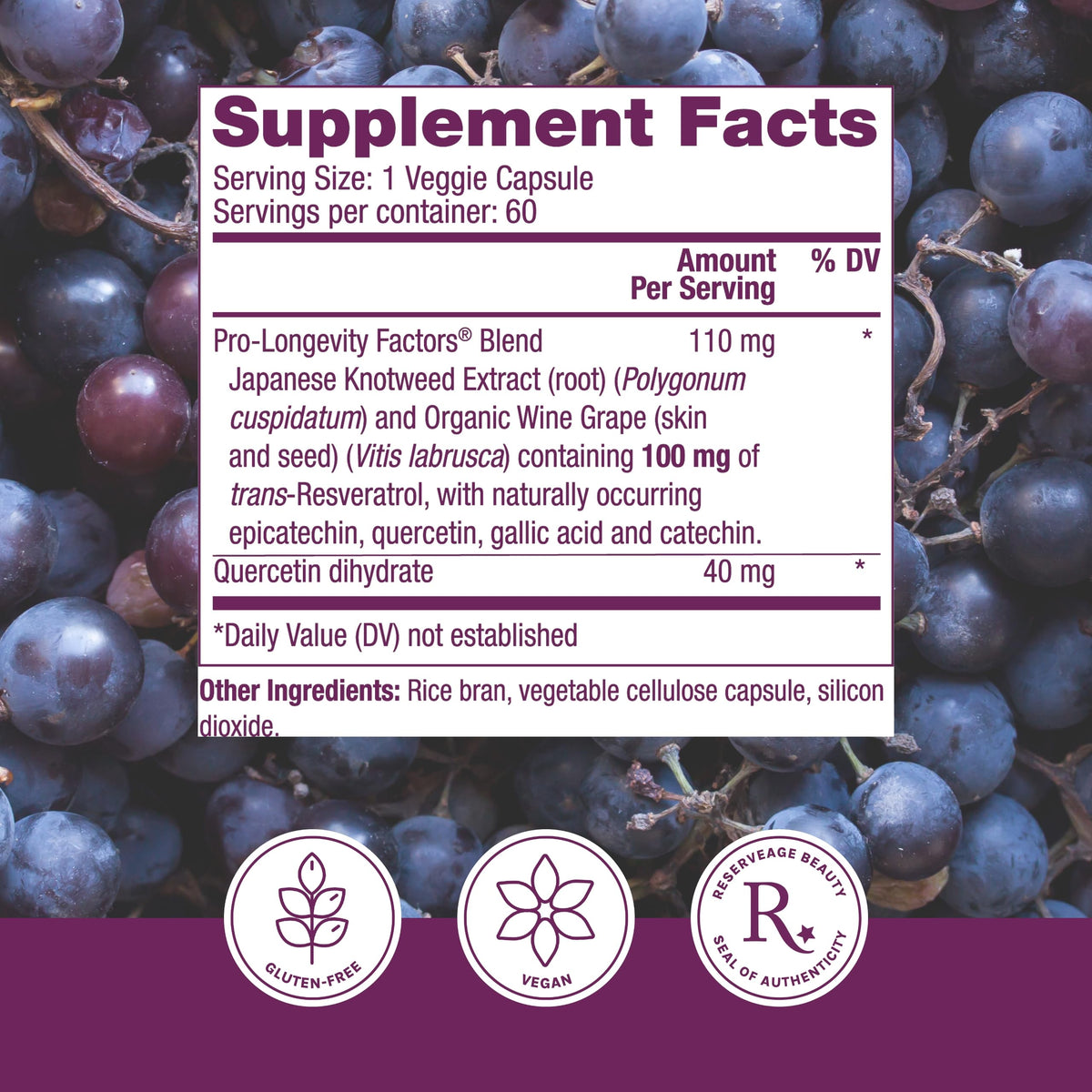 Reserveage Nutrition Resveratrol 100 mg Antioxidant - 60 Capsules - image 2