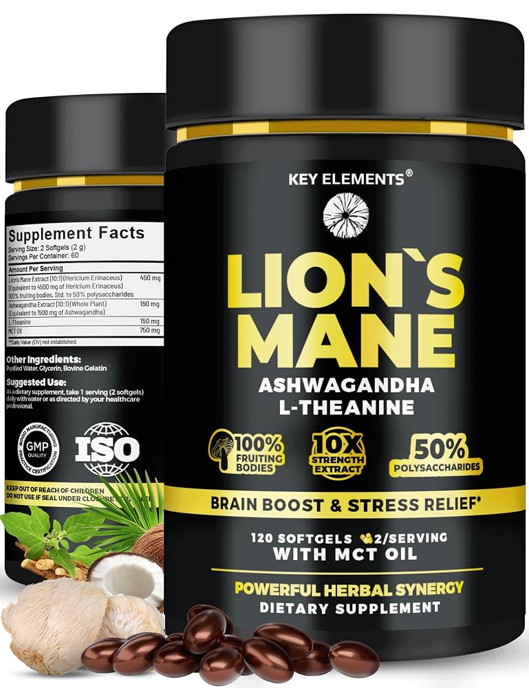 KEY ELEMENTS Organic Lions Mane Supplement with MCT Oil for Focus - 120 Softgels