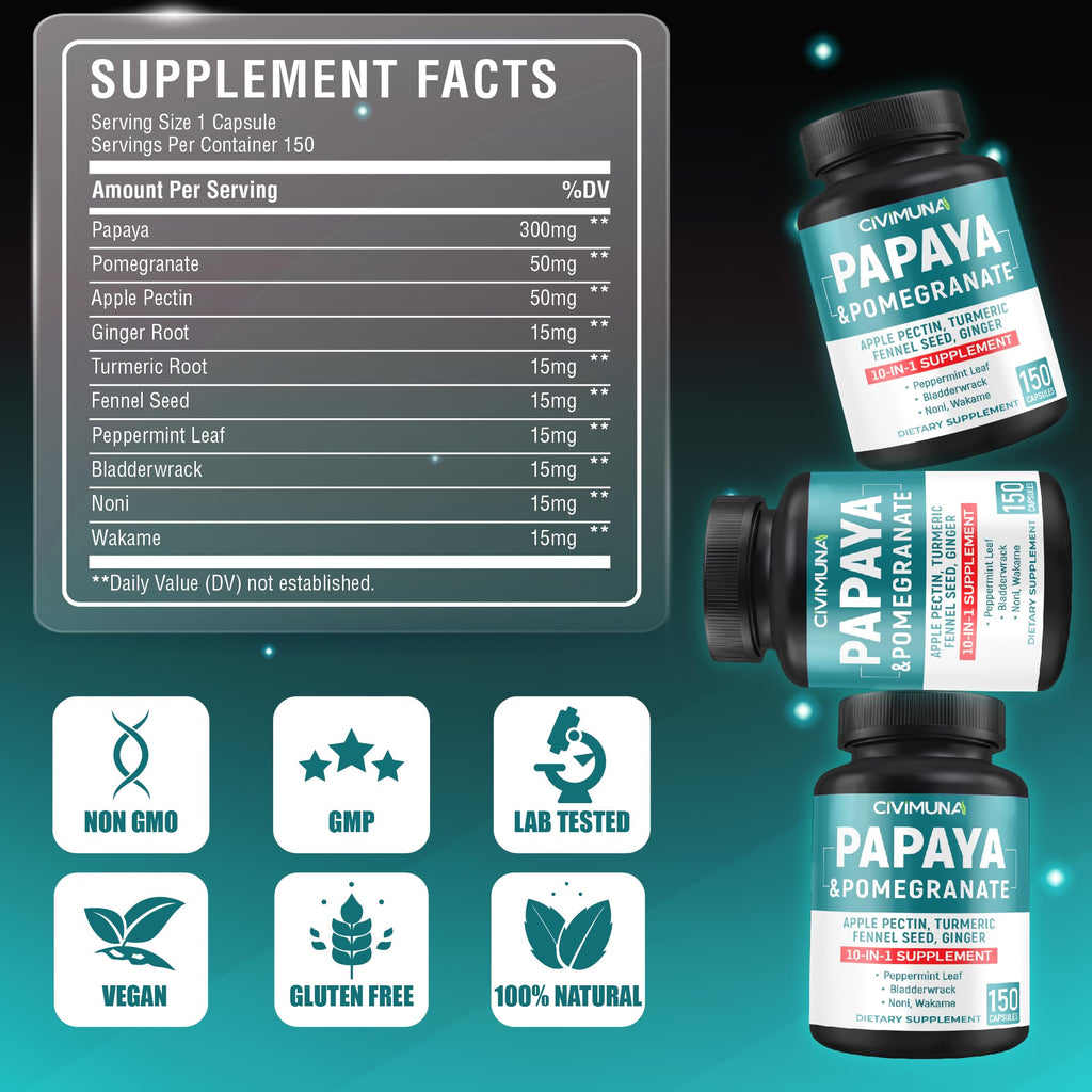 CIVIMUNA Papaya Capsules with Pomegranate & Apple Pectin - 150 Capsules - image 3