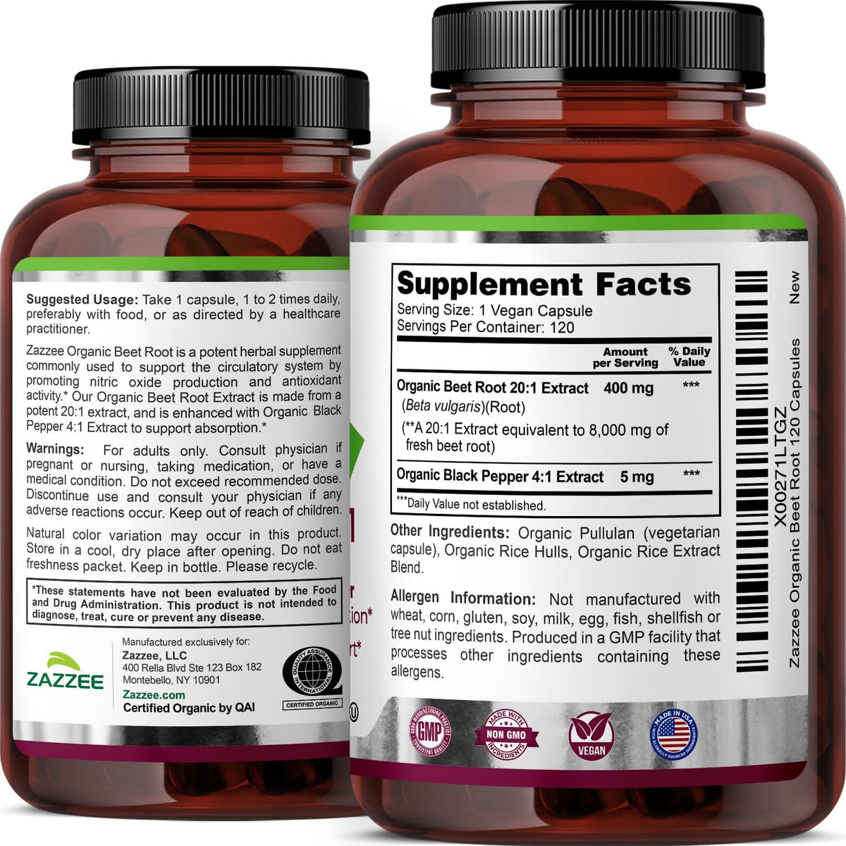 Zazzee USDA Organic Beet Root 20:1 Extract - 120 Capsules - image 8