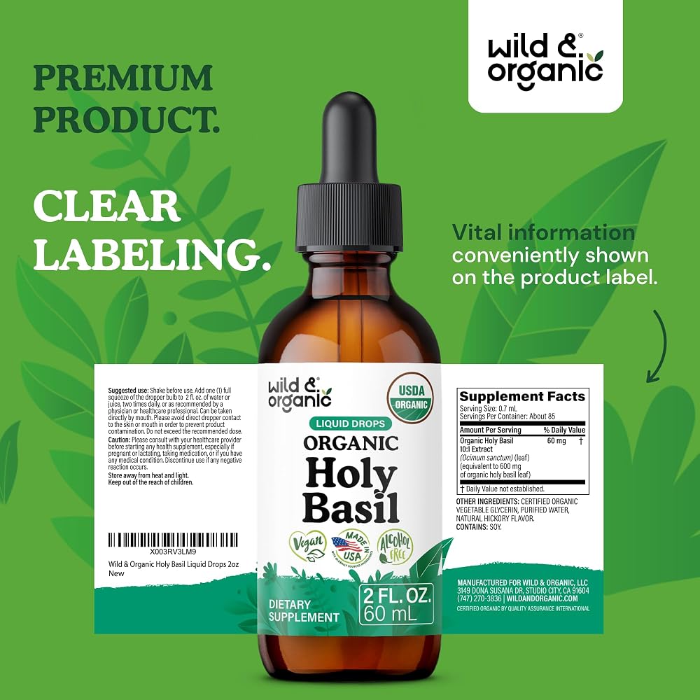 Wild & Organic Holy Basil Tincture - Organic Holy Basil Leaf Liquid