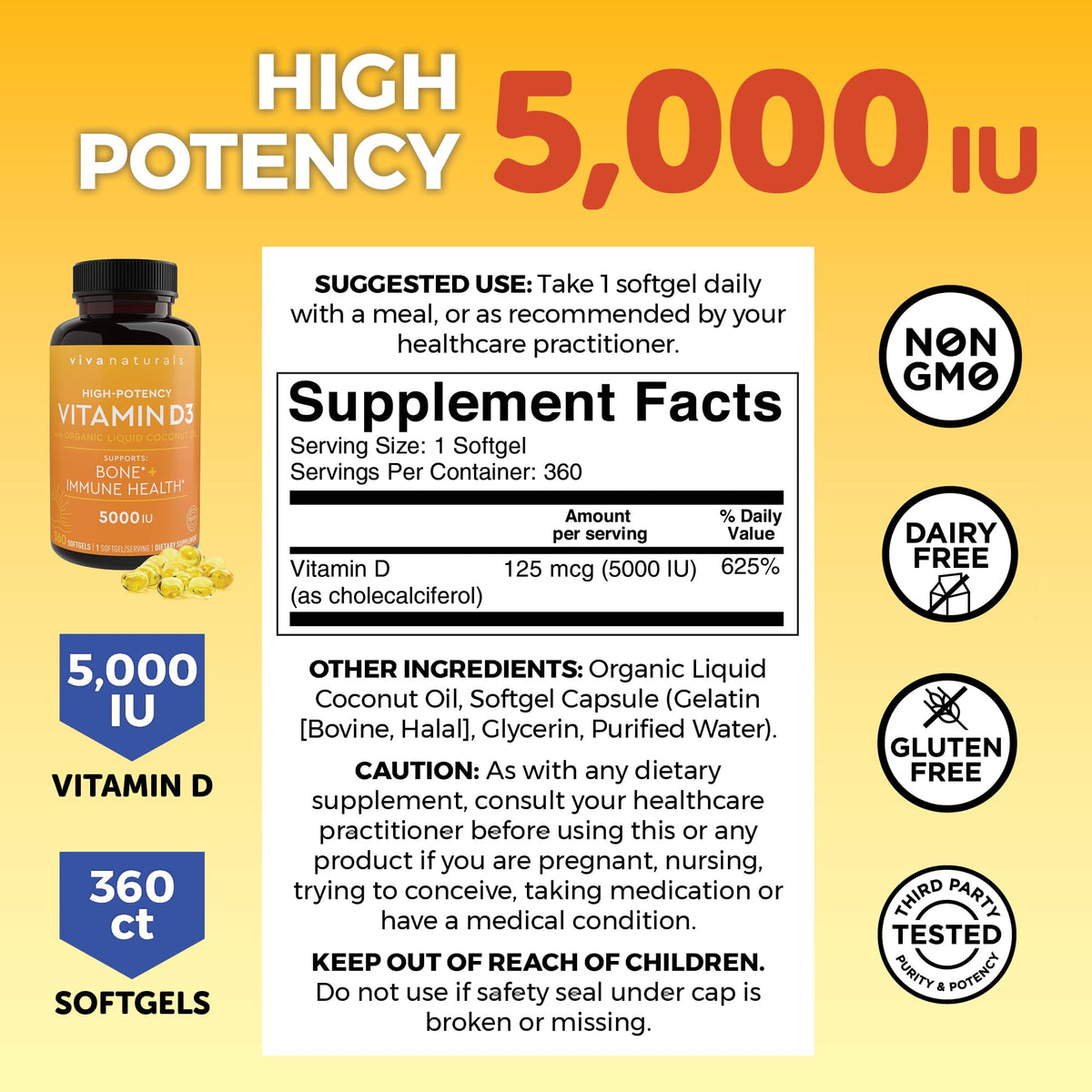 Viva Naturals Vitamin D3 5000 IU Softgels - 360 Count - image 5