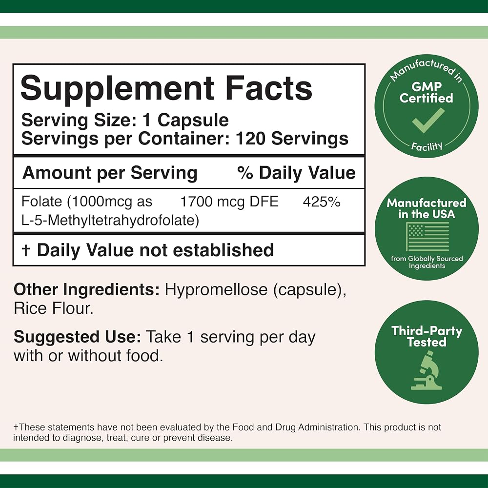 Double Wood Supplements Methylfolate 1000mcg L-5-MTHF - 120 Capsules - image 2