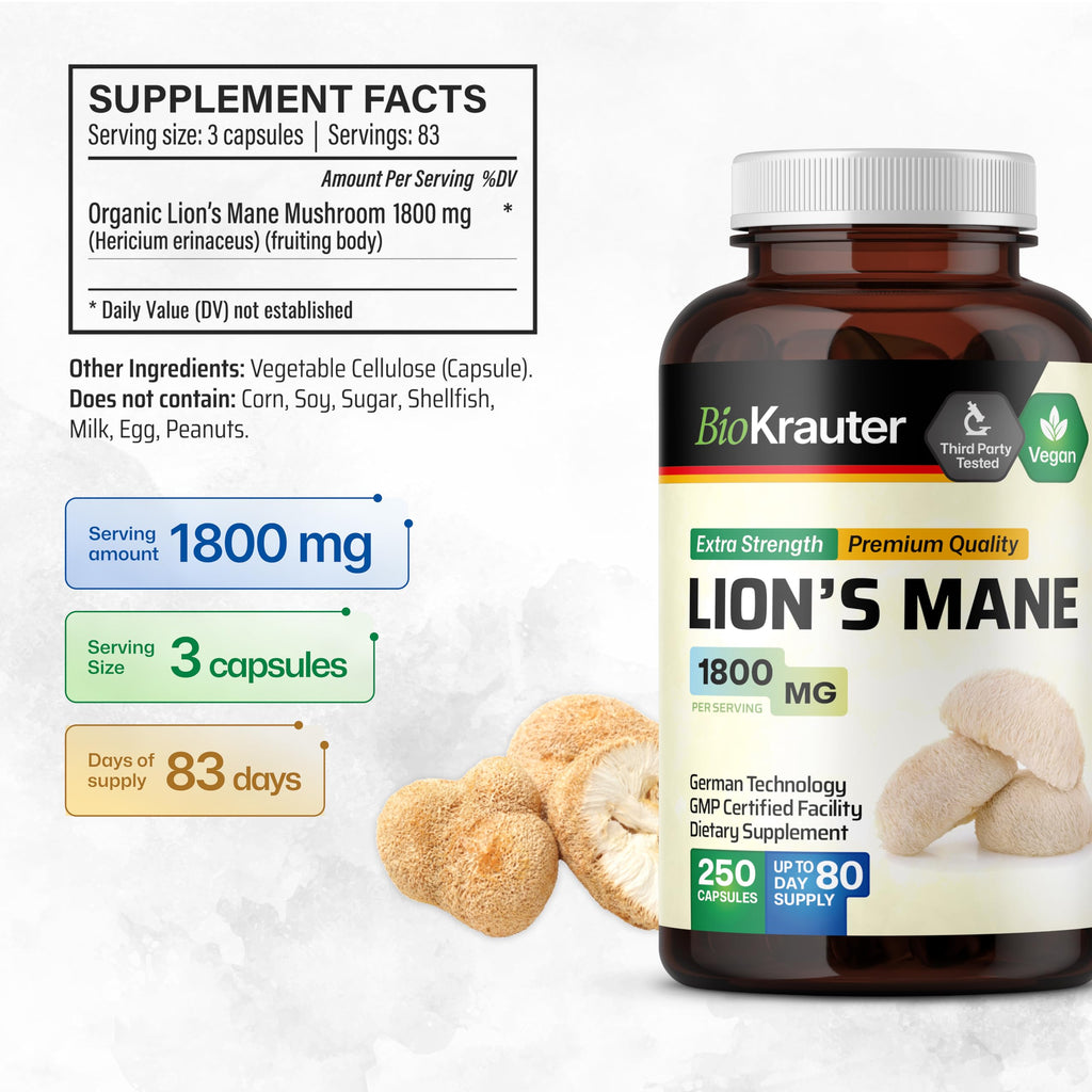 BIO KRAUTER Lion's Mane for Focus Support & Brain Health - 250 Capsules - image 3