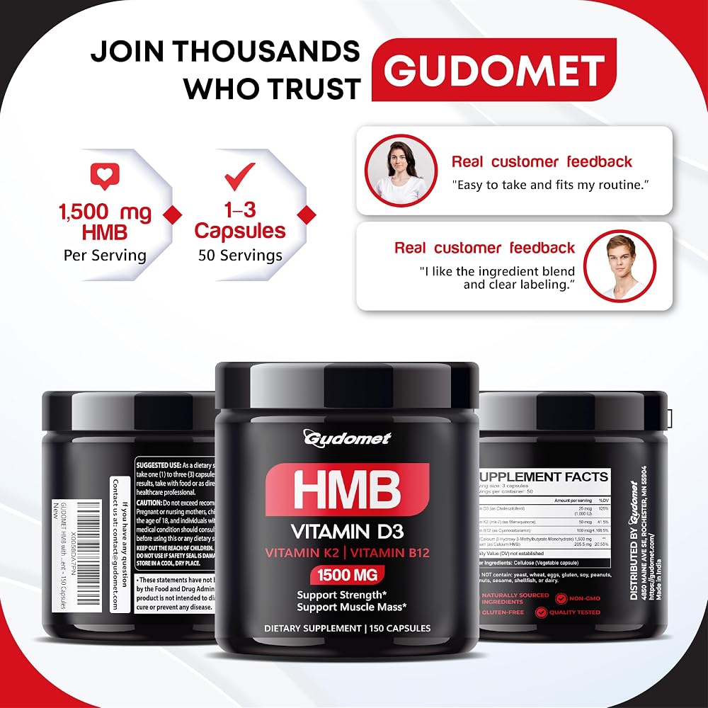 GUDOMET HMB Muscle & Strength 1,500 mg with Vitamin D3 & K2 - 150 Capsules - image 9