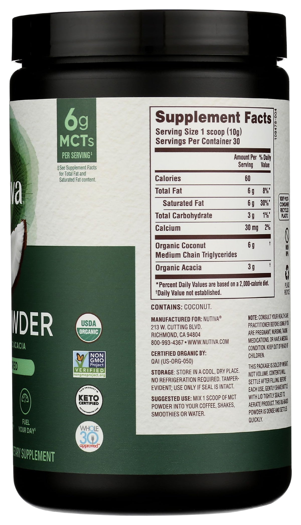 Nutiva Organic MCT Powder with Prebiotic Acacia Fiber