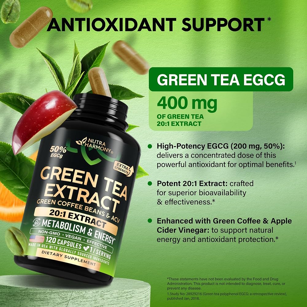 NUTRAHARMONY Green Tea Extract 20:1 with Green Coffee Bean - 120 Capsules - image 4