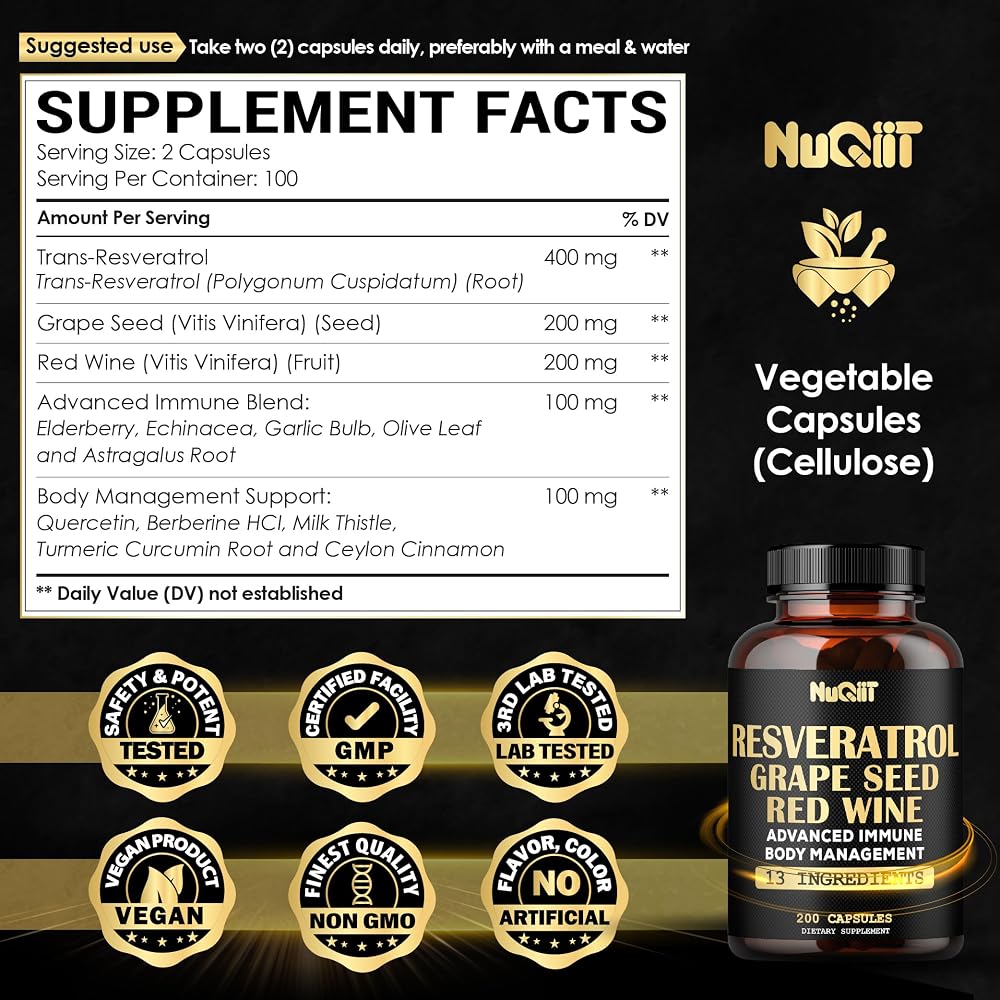 NUQIIT Trans Resveratrol Supplement with Red Wine Extract - 200 Capsules - image 2