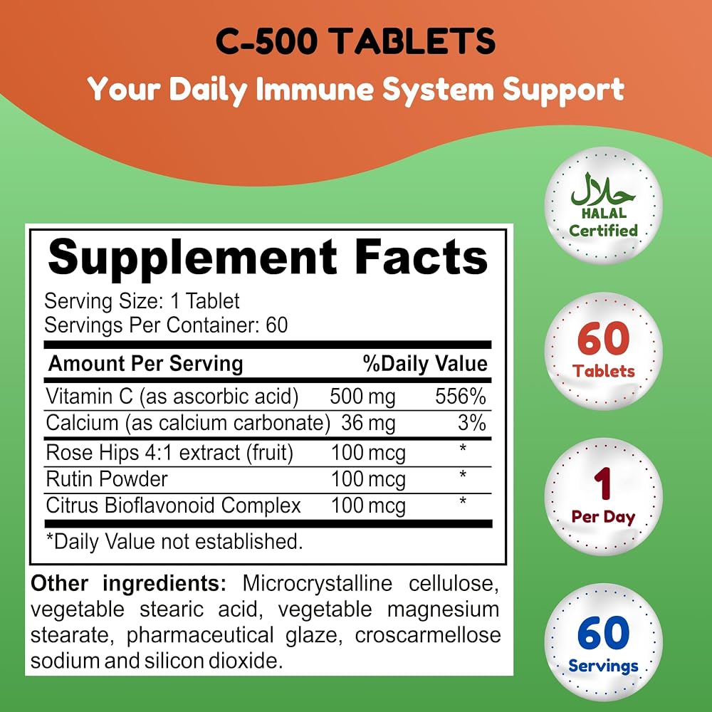 SHIFAA NUTRITION Halal Vitamin C-500 Tablets 60 Servings. Vegetarian