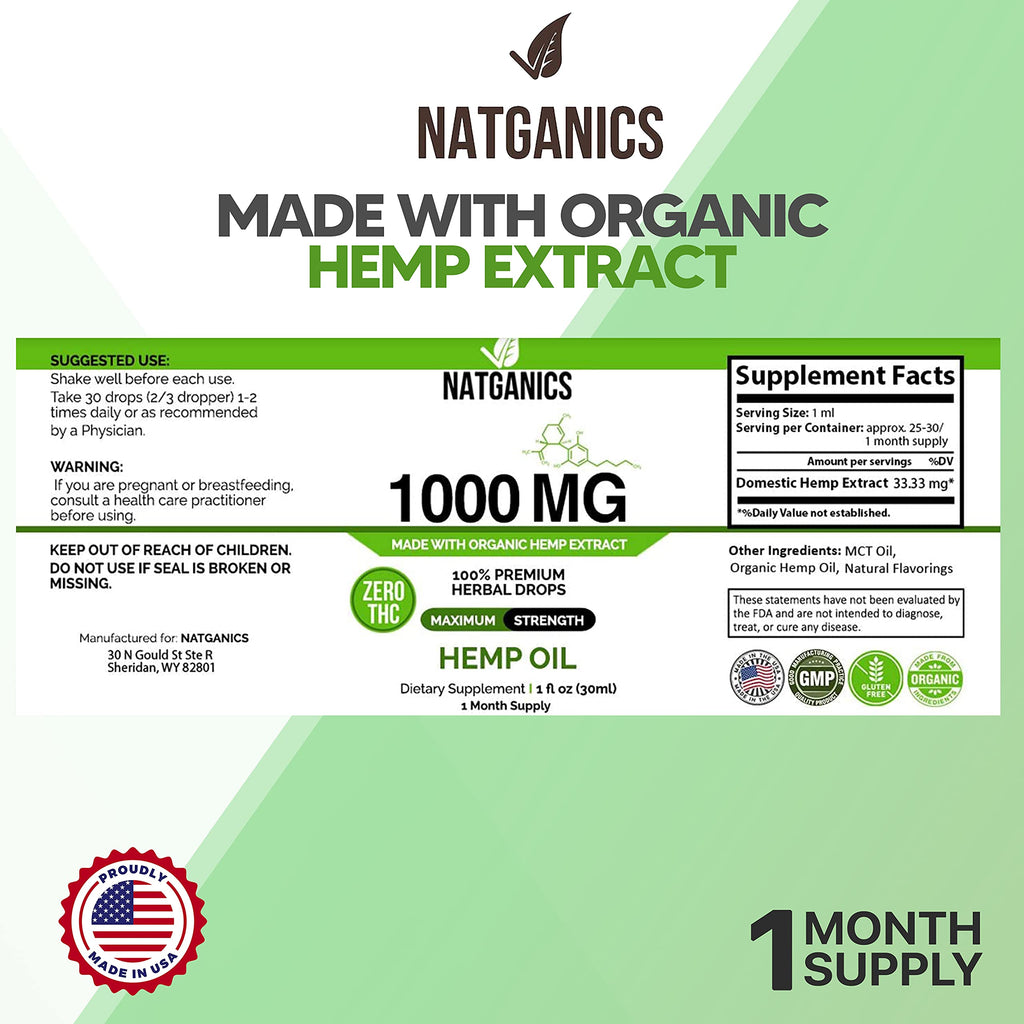 Natganics Organic Hemp Oil 1000mg - Ultra Premium Hemp Oil Drops