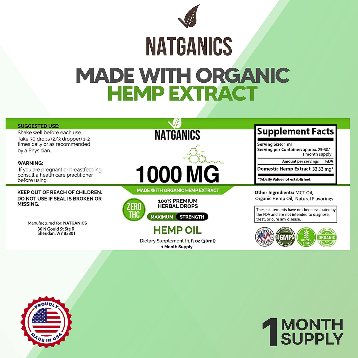 Natganics Organic Hemp Oil 1000mg - Ultra Premium Hemp Oil Drops